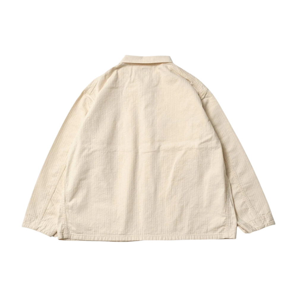 Back view of the Post O’Alls 3114R-MH4 USMC 1930s Utility Jacket Mini HBT Natural highlighting clean back construction and relaxed vintage proportions for Clothier & Sons.