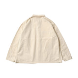 Back view of the Post O’Alls 3114R-MH4 USMC 1930s Utility Jacket Mini HBT Natural highlighting clean back construction and relaxed vintage proportions for Clothier & Sons.