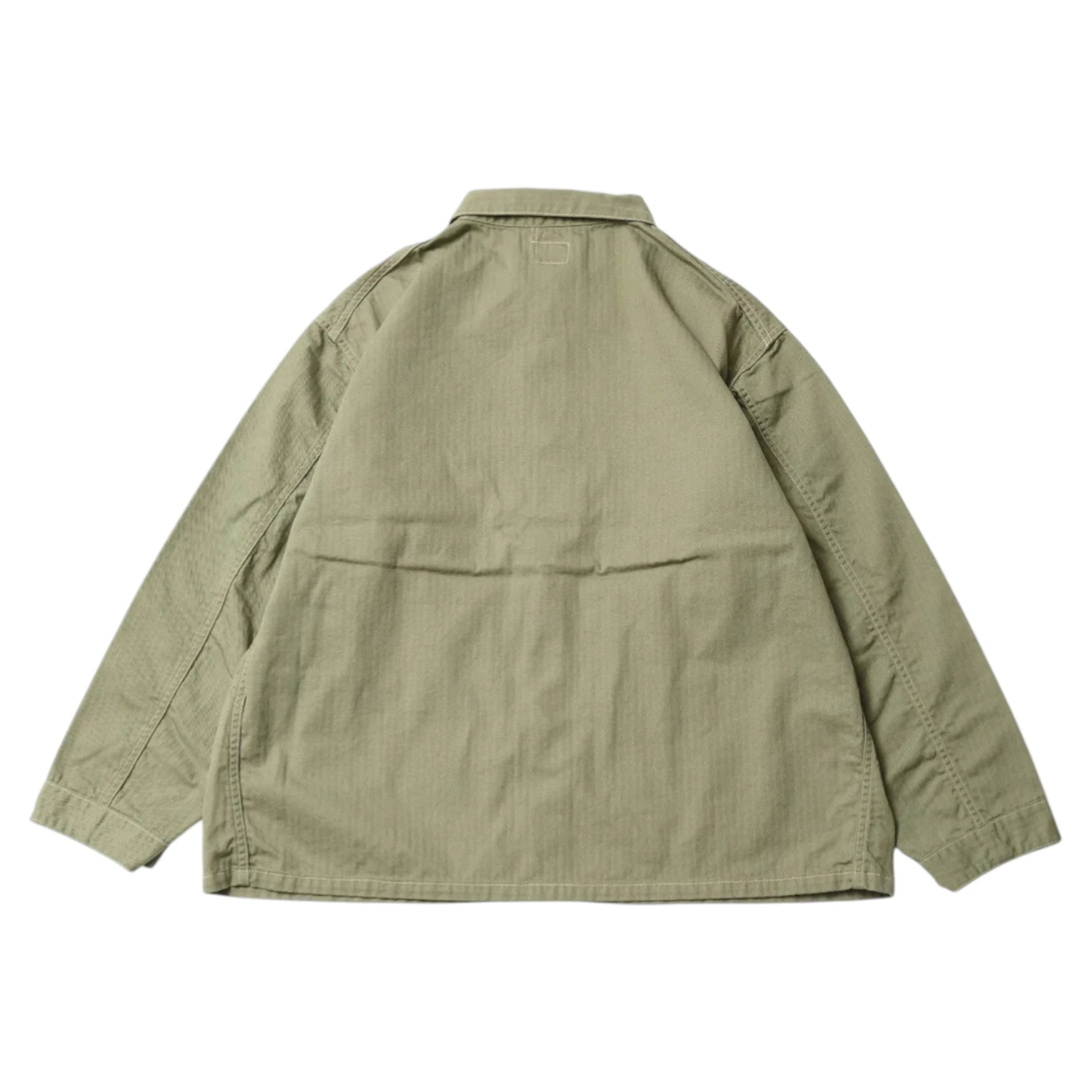 Back view of the Post O’Alls 3114R-MH4 USMC 1930s Utility Jacket Mini HBT Sage highlighting clean back construction and relaxed vintage proportions for Clothier & Sons.