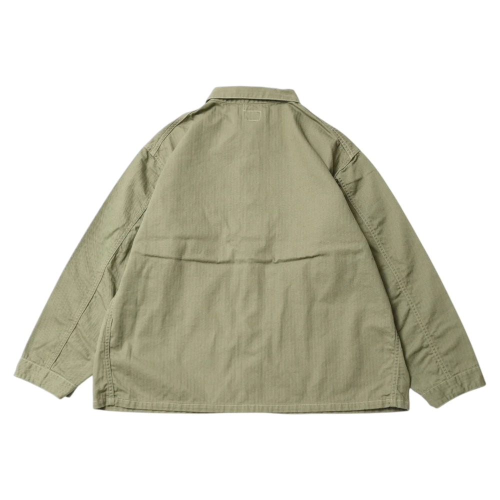 Back view of the Post O’Alls 3114R-MH4 USMC 1930s Utility Jacket Mini HBT Sage highlighting clean back construction and relaxed vintage proportions for Clothier & Sons.