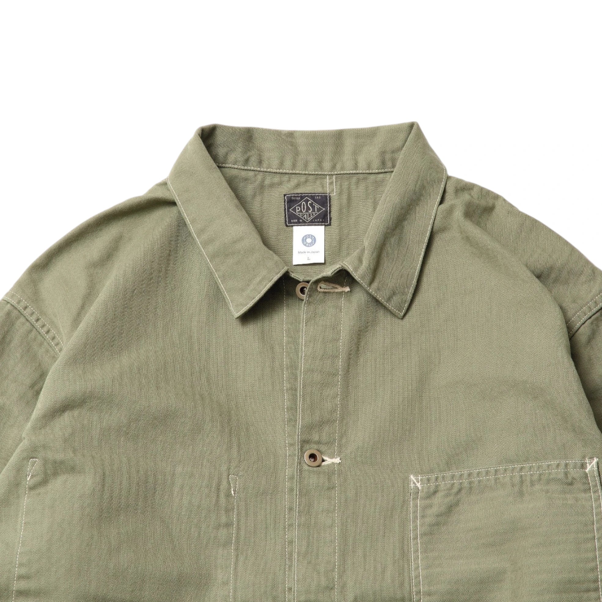 Collar detail of the Post O’Alls 3114R-MH4 USMC 1930s Utility Jacket Mini HBT Sage showing structured collar shape and mini herringbone twill texture for Clothier & Sons.