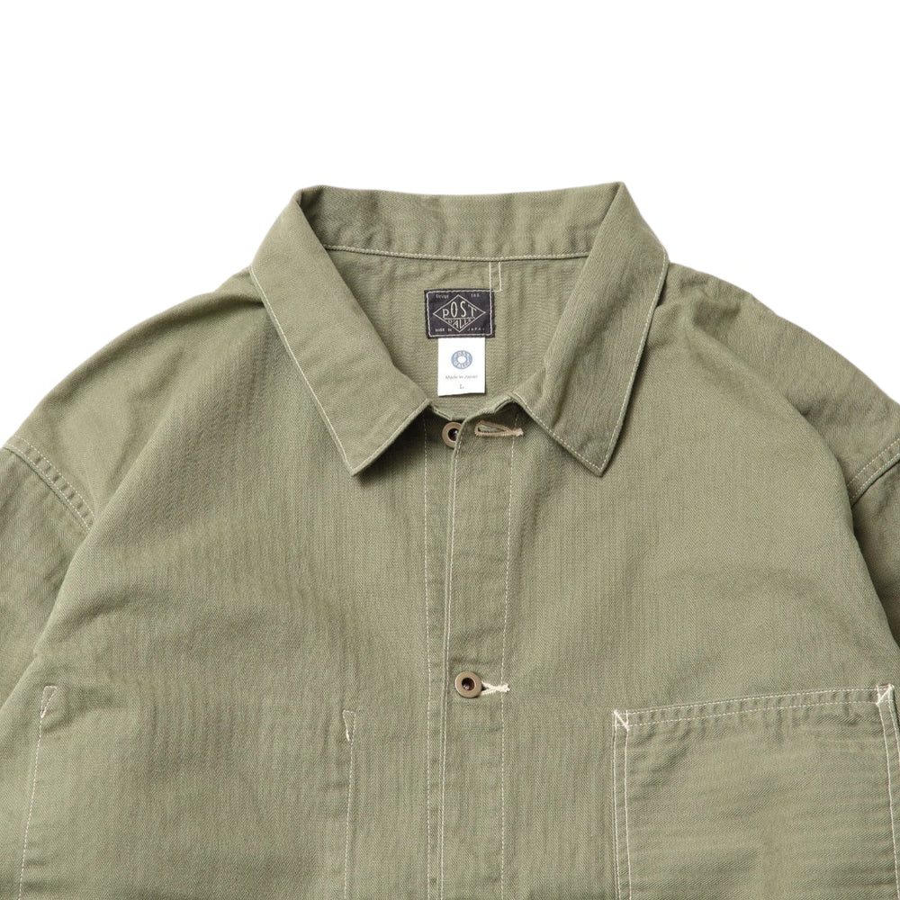 Collar detail of the Post O’Alls 3114R-MH4 USMC 1930s Utility Jacket Mini HBT Sage showing structured collar shape and mini herringbone twill texture for Clothier & Sons.