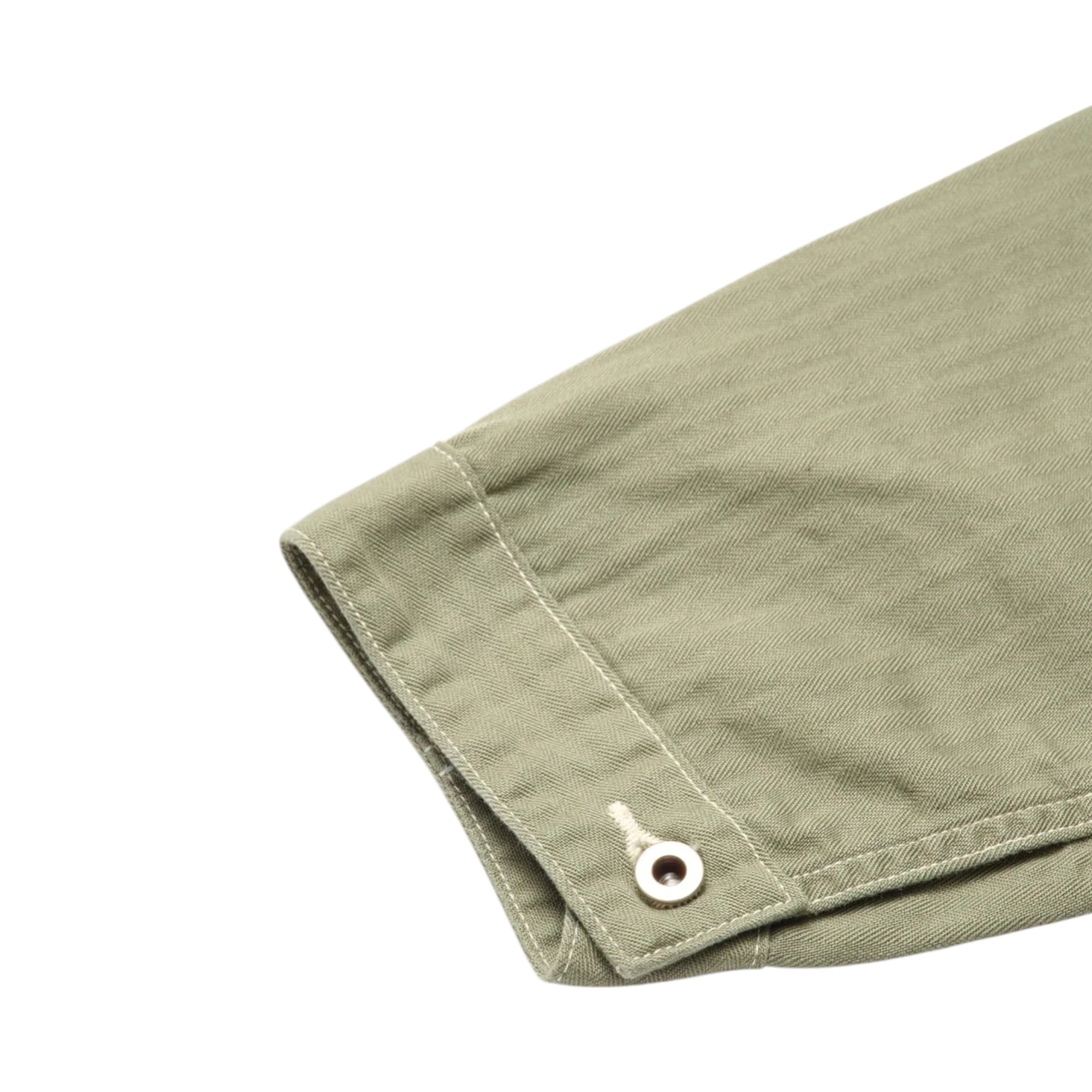 Cuff detail of the Post O’Alls 3114R-MH4 USMC 1930s Utility Jacket Mini HBT Sage showing buttoned cuff construction and mini hbt fabric texture for Clothier & Sons.