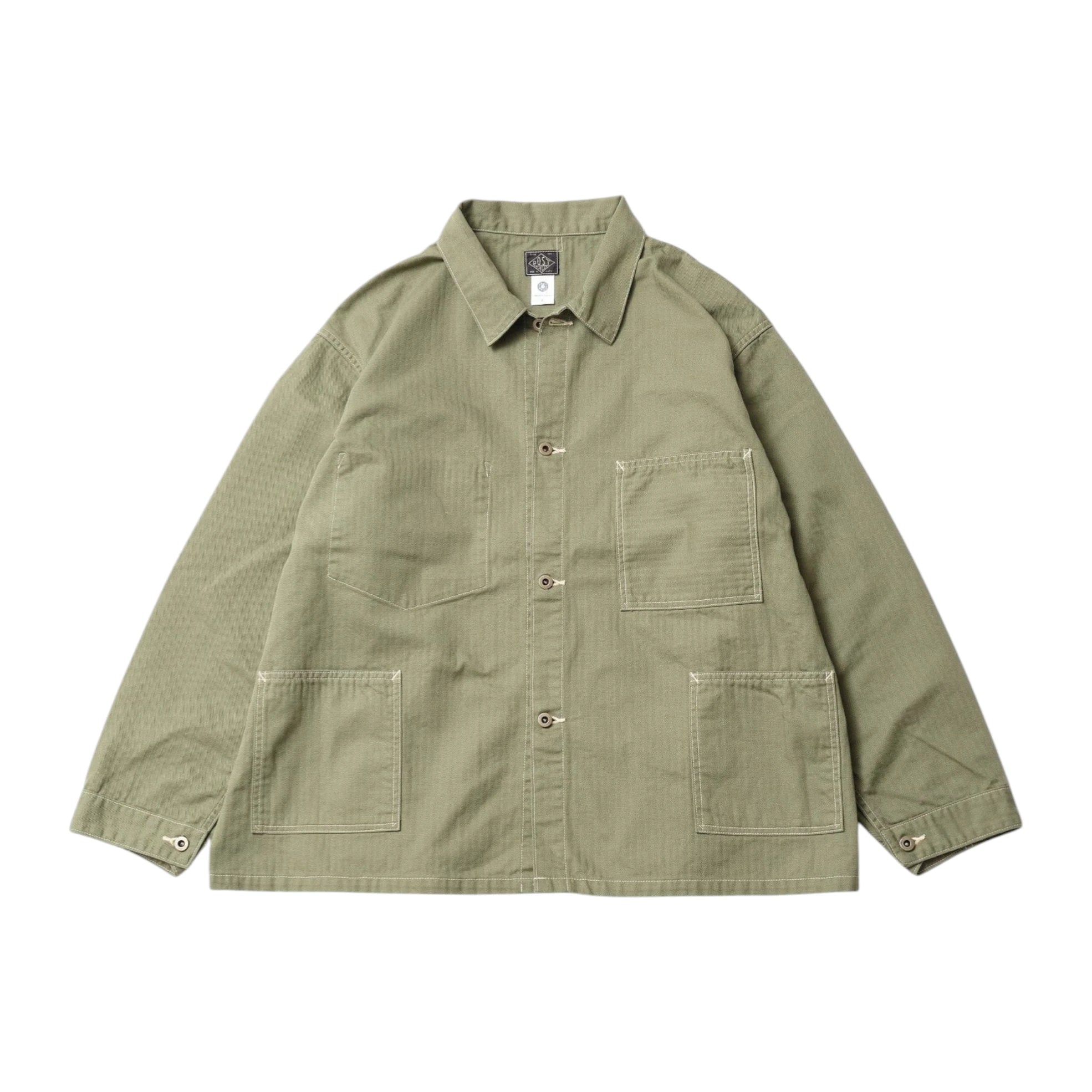 Front view of the Post O’Alls 3114R-MH4 USMC 1930s Utility Jacket Mini HBT Sage showing the classic four-pocket utility design, sage green tone, and vintage military-inspired silhouette for Clothier & Sons.