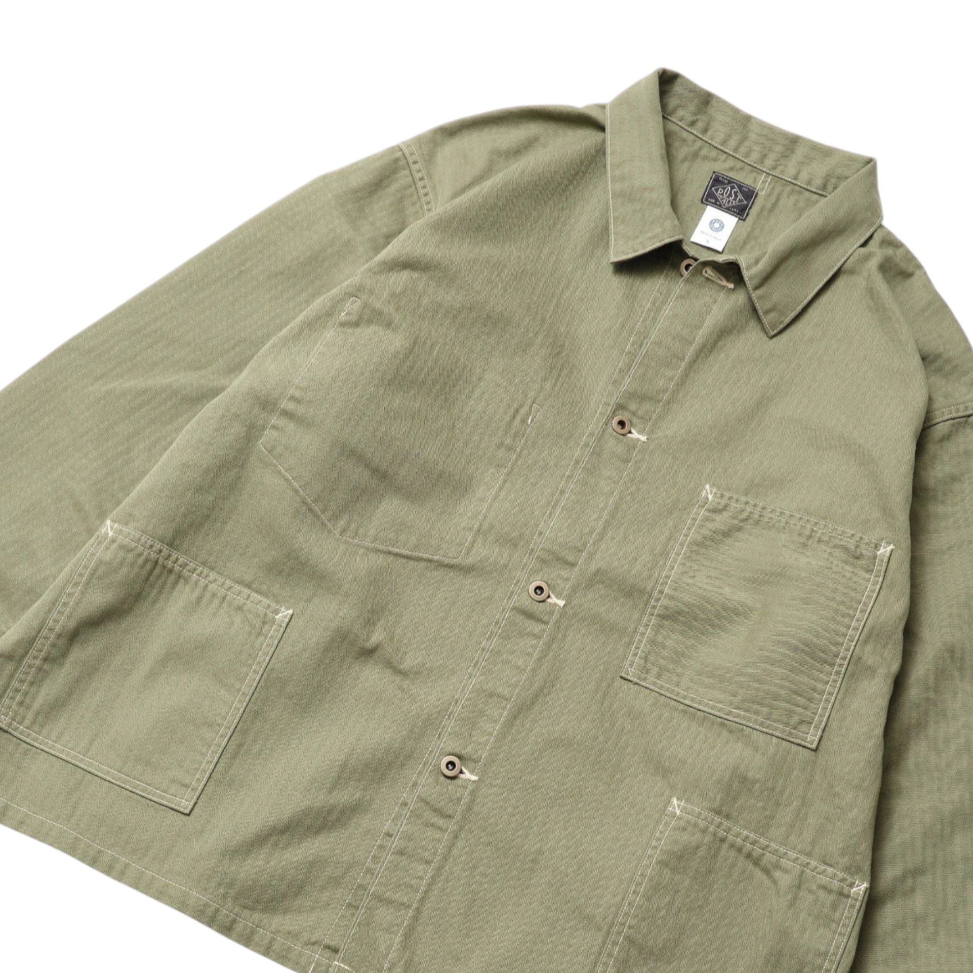 Pocket detail of the Post O’Alls 3114R-MH4 USMC 1930s Utility Jacket Mini HBT Sage highlighting flap pocket construction and reinforced stitching for Clothier & Sons.