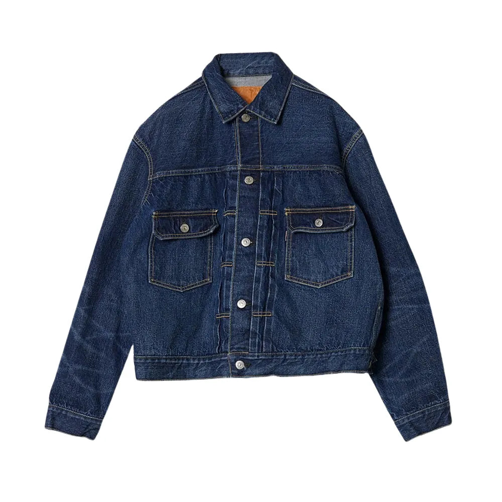 Front view of the Remi Relief 13oz 1954xx Denim 2nd Jacket Blue showing the classic 2nd-type silhouette, chest pockets, and clean blue denim tone.