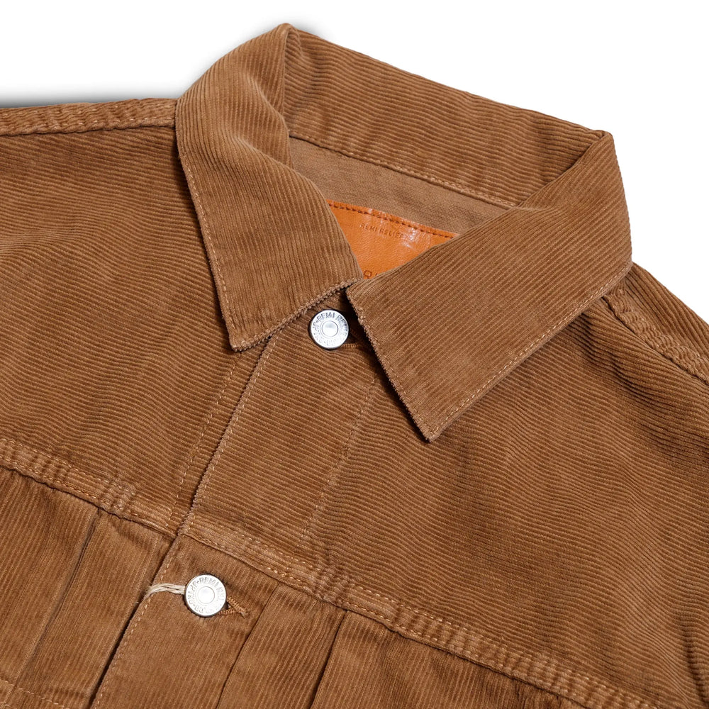 Collar detail of the Remi Relief 14W Corduroy 2nd Jacket in Beige showing stitching, shape, and refined Japanese craftsmanship for Clothier & Sons.