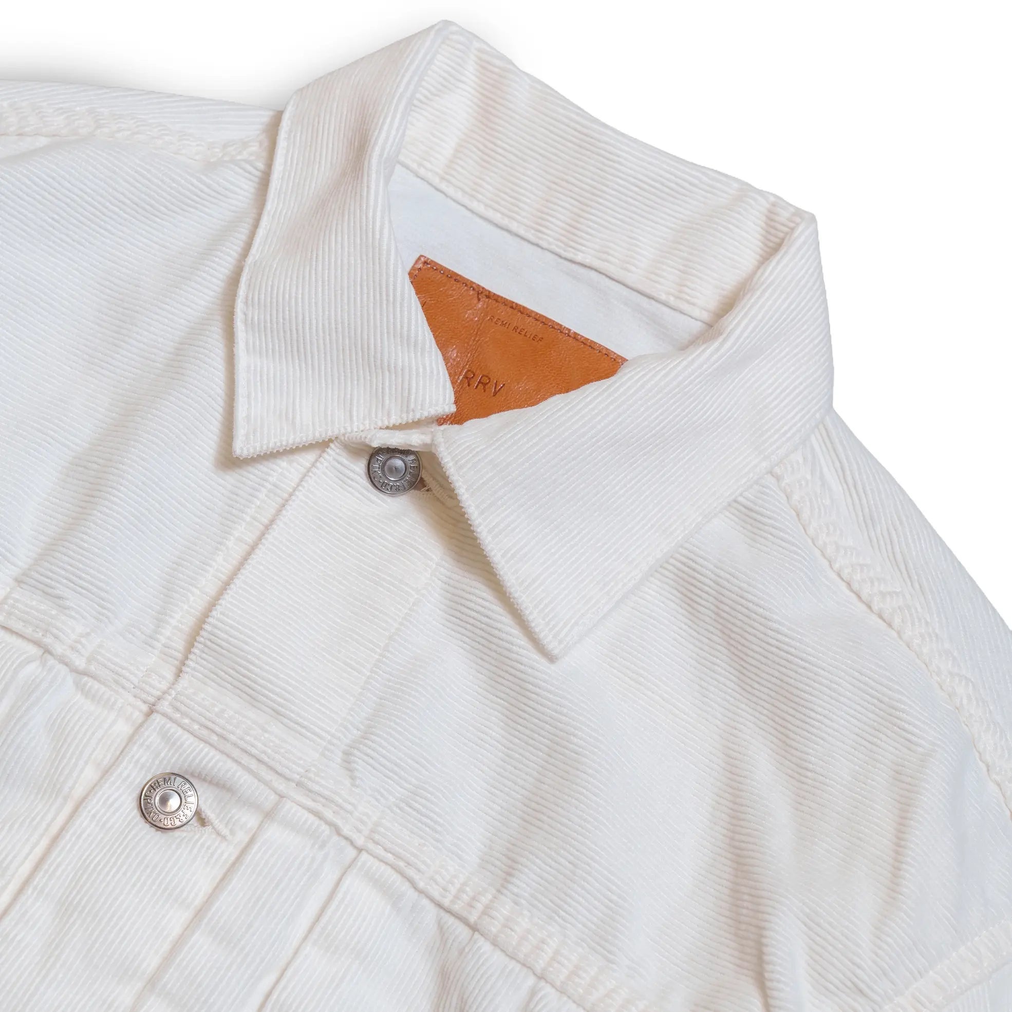 Collar detail of the Remi Relief 14W Corduroy 2nd Jacket in Off White showing stitching, shape, and refined Japanese craftsmanship for Clothier & Sons.