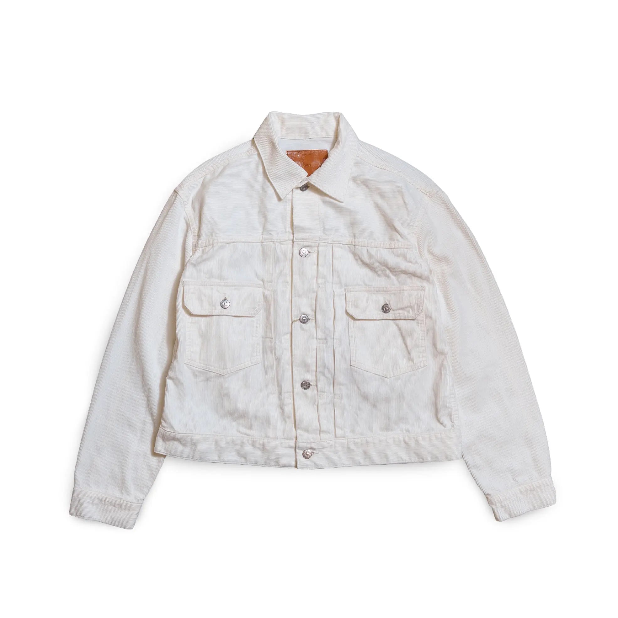 Front view of the Remi Relief 14W Corduroy 2nd Jacket in Off White highlighting its vintage-inspired silhouette and premium corduroy craftsmanship for Clothier & Sons.