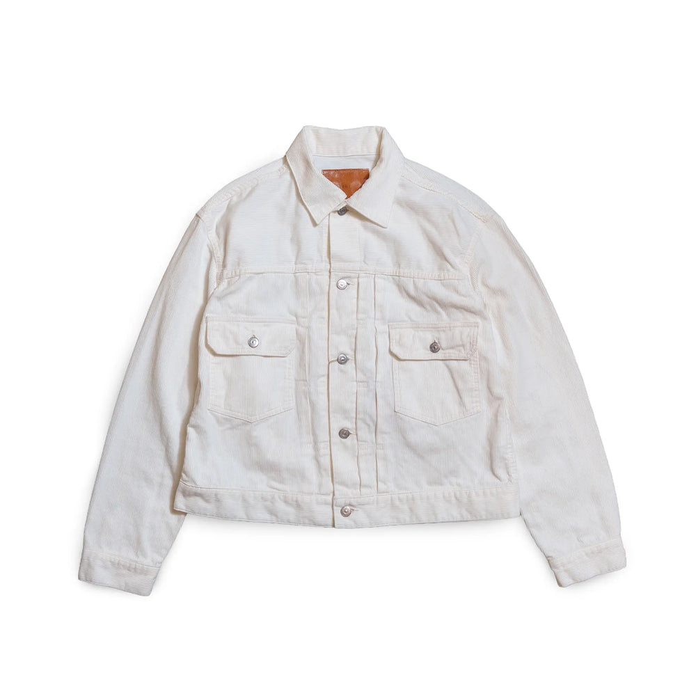 Front view of the Remi Relief 14W Corduroy 2nd Jacket in Off White highlighting its vintage-inspired silhouette and premium corduroy craftsmanship for Clothier & Sons.
