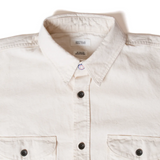 Close-up of structured collar and topstitching on Seuvas 8oz Canvas Flap Work Shirt in natural.