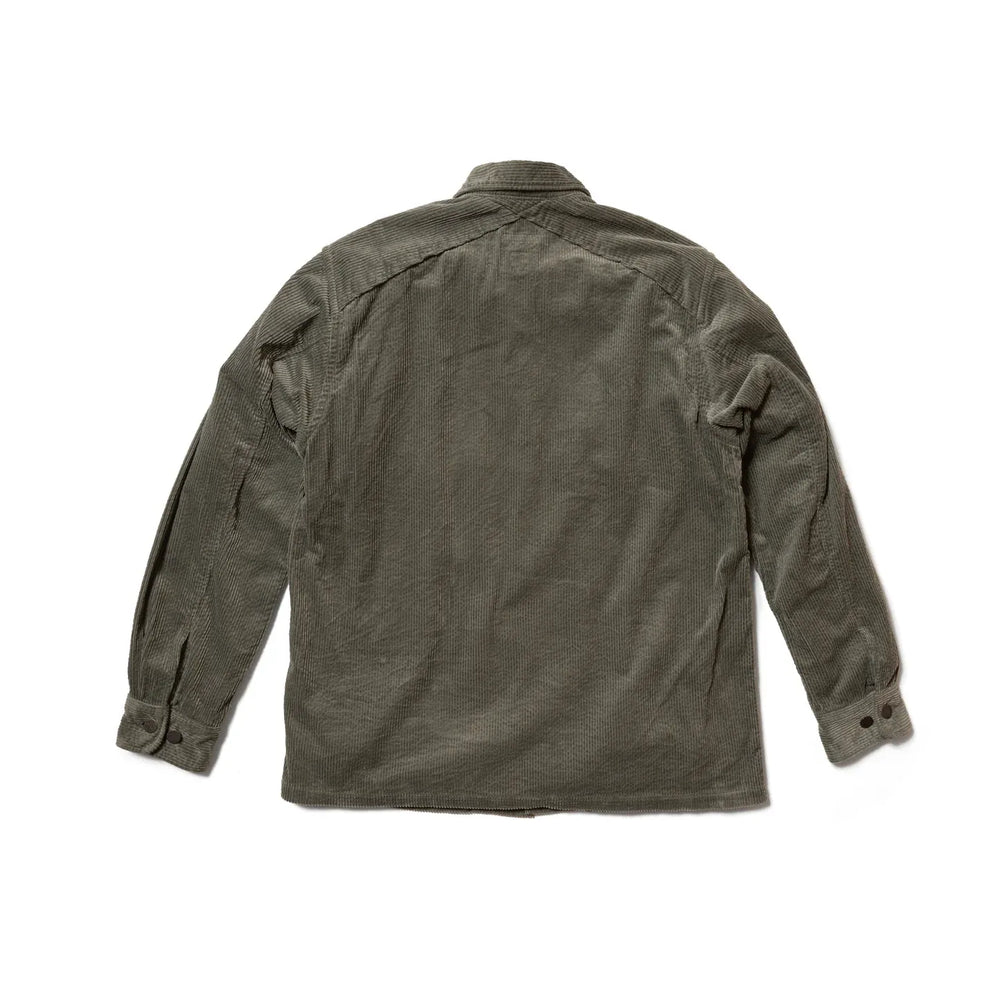 Seuvas Corduroy CPO Shirt in sage, back view with shoulder yoke detail.