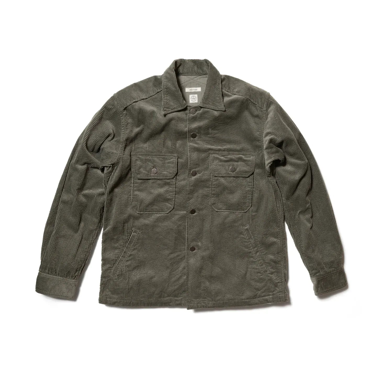 Seuvas Corduroy CPO Shirt in sage, front view on mannequin.