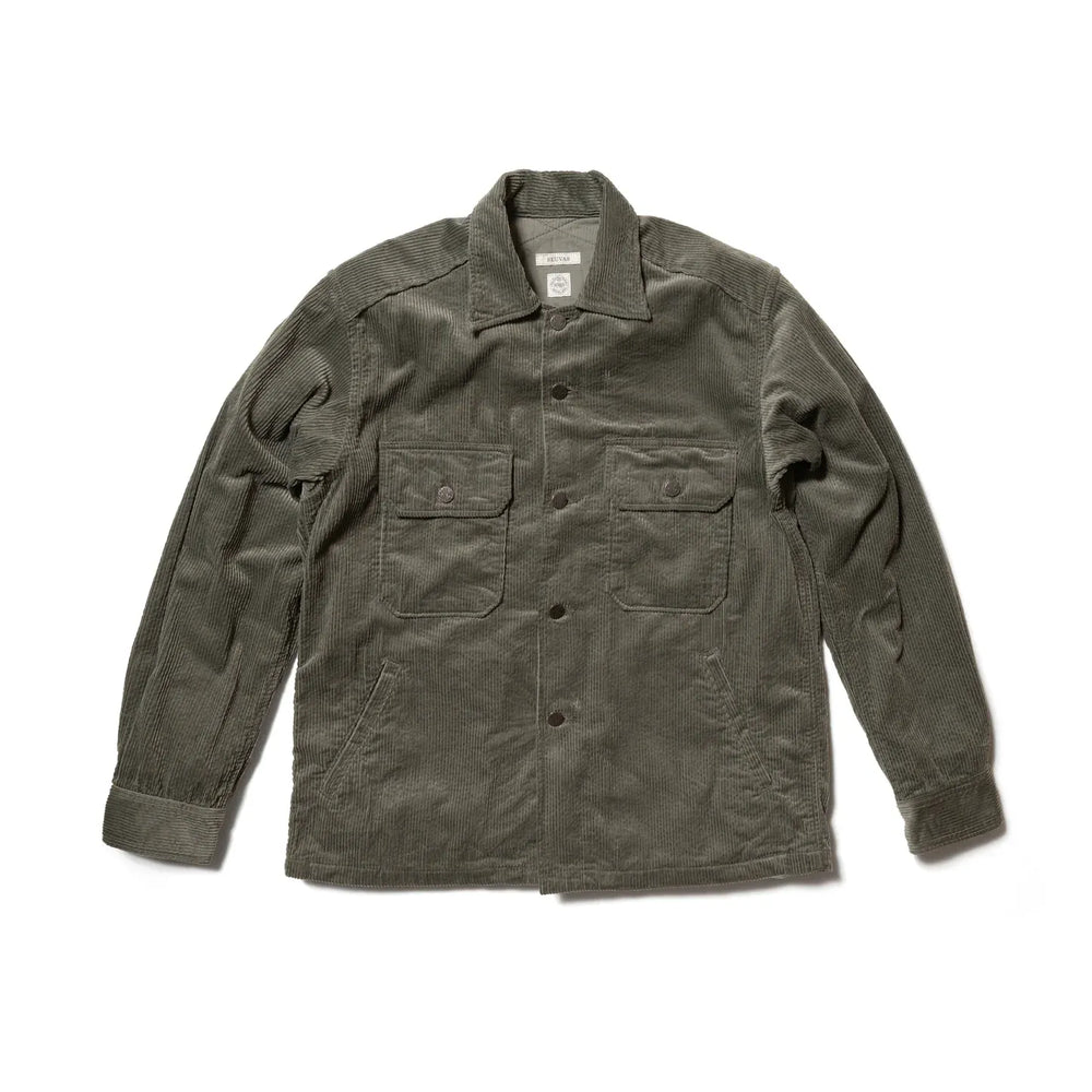 Seuvas Corduroy CPO Shirt in sage, front view on mannequin.