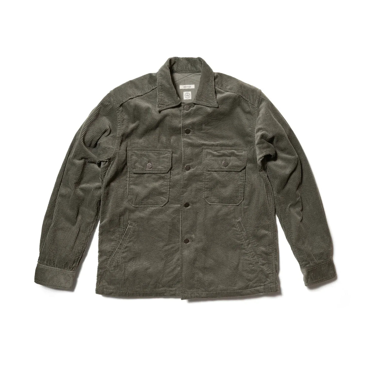 Seuvas Corduroy CPO Shirt in sage, front view on mannequin.