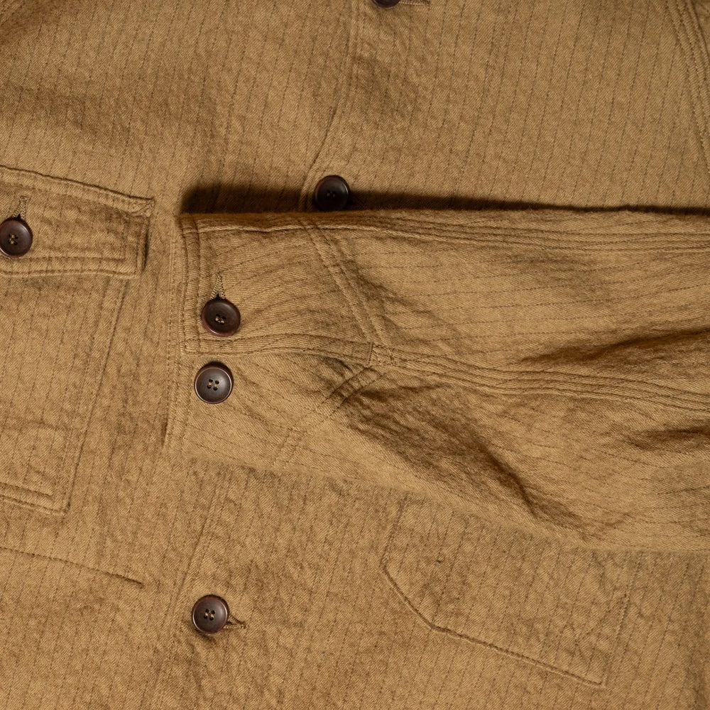 Close-up of raglan sleeve seam and stitching detail on Seuvas C/W Raglan Coverall in khaki.