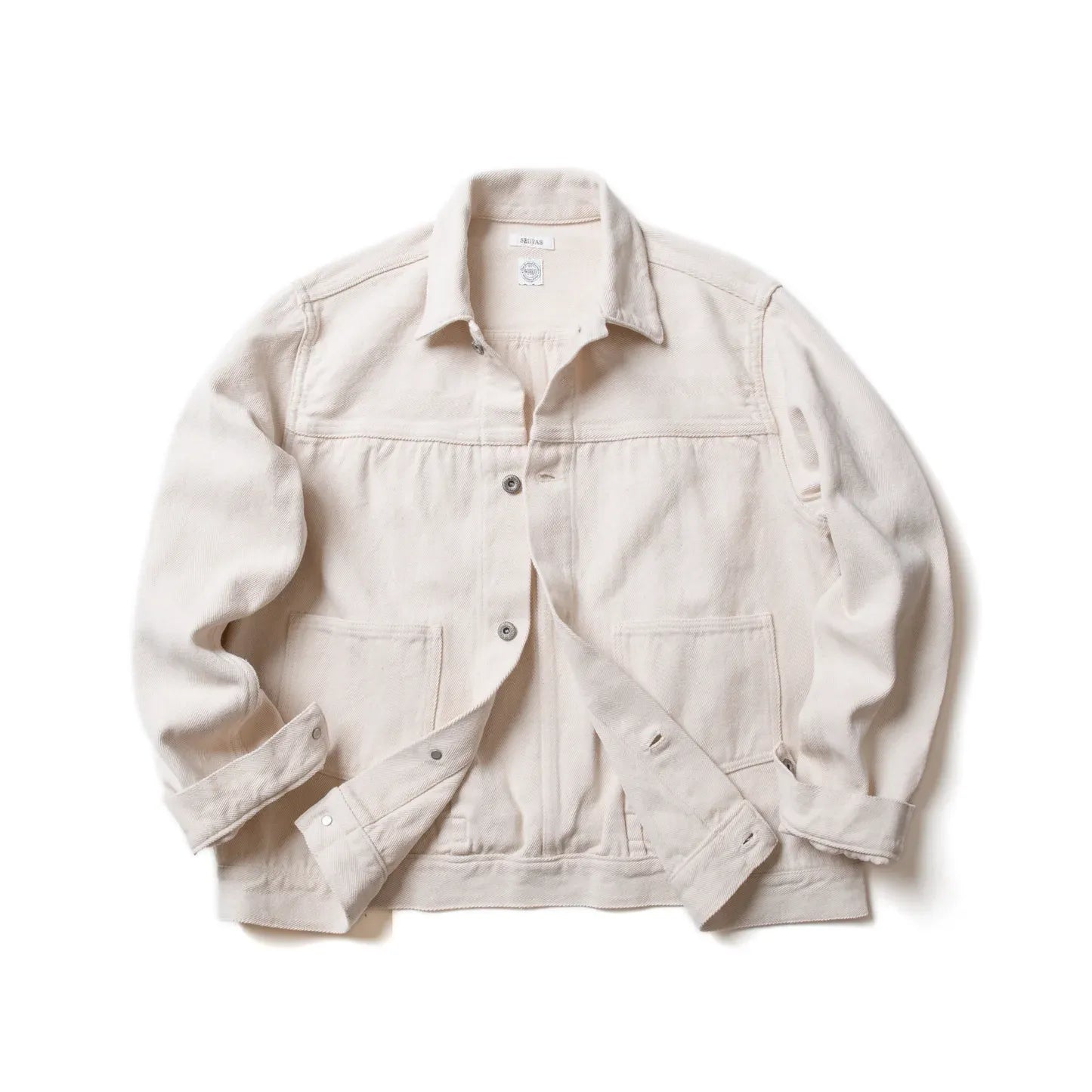 Seuvas Herringbone Trucker Jacket in natural, flat-lay view showing full garment.