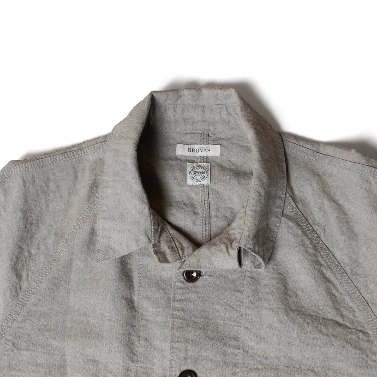 Seuvas Washi Raglan Coverall Light Charcoal Collar Detail