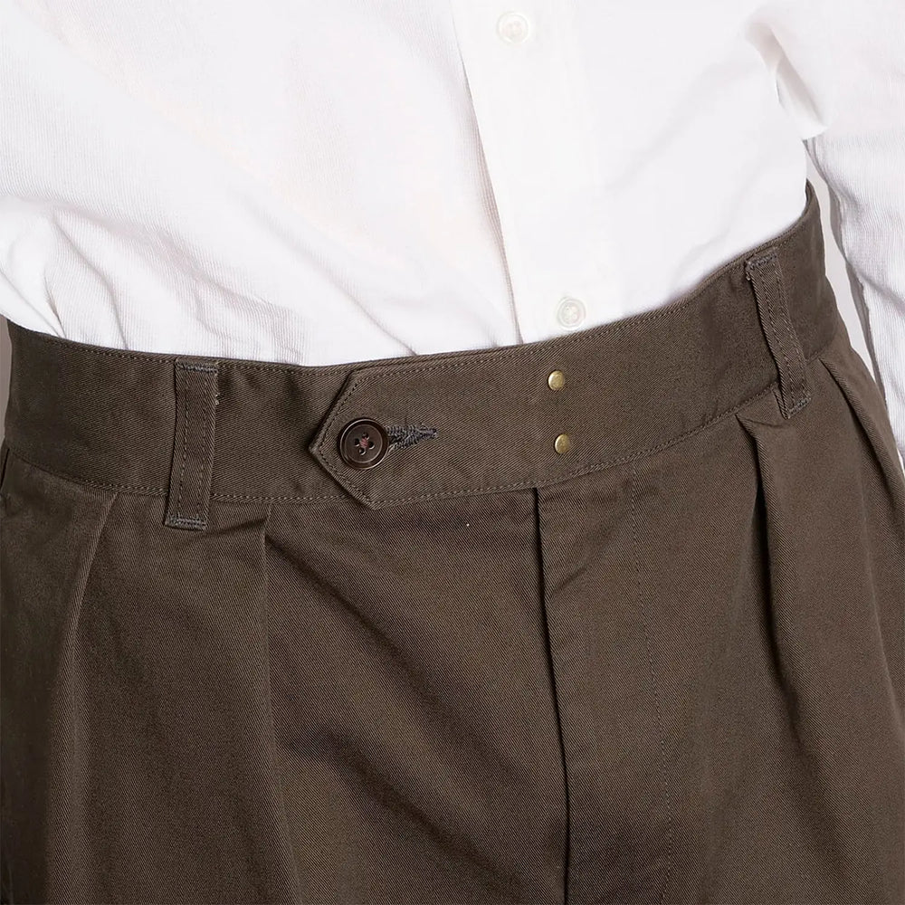 Back view of the Soundman Clarke trousers in army green showing the structured fit and back pocket detail.
