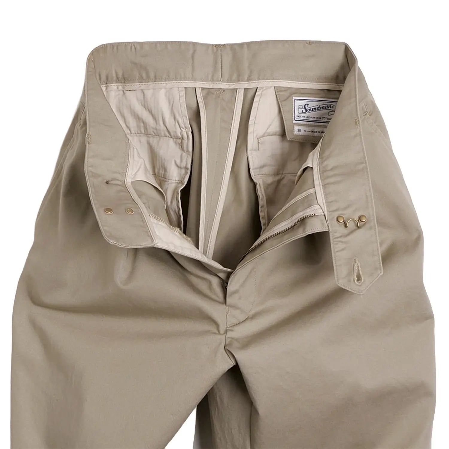 Close-up of the waistband highlighting button closure and belt loop construction.
