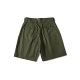 Back view of the Standard Types Pleated Chino Shorts Green highlighting rear pocket construction and tailored proportions for Clothier & Sons.
