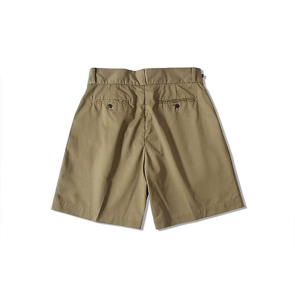 Back view of the Standard Types Pleated Chino Shorts Khaki highlighting rear pocket construction and tailored proportions for Clothier & Sons.
