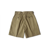 Back view of the Standard Types Pleated Chino Shorts Khaki highlighting rear pocket construction and tailored proportions for Clothier & Sons.
