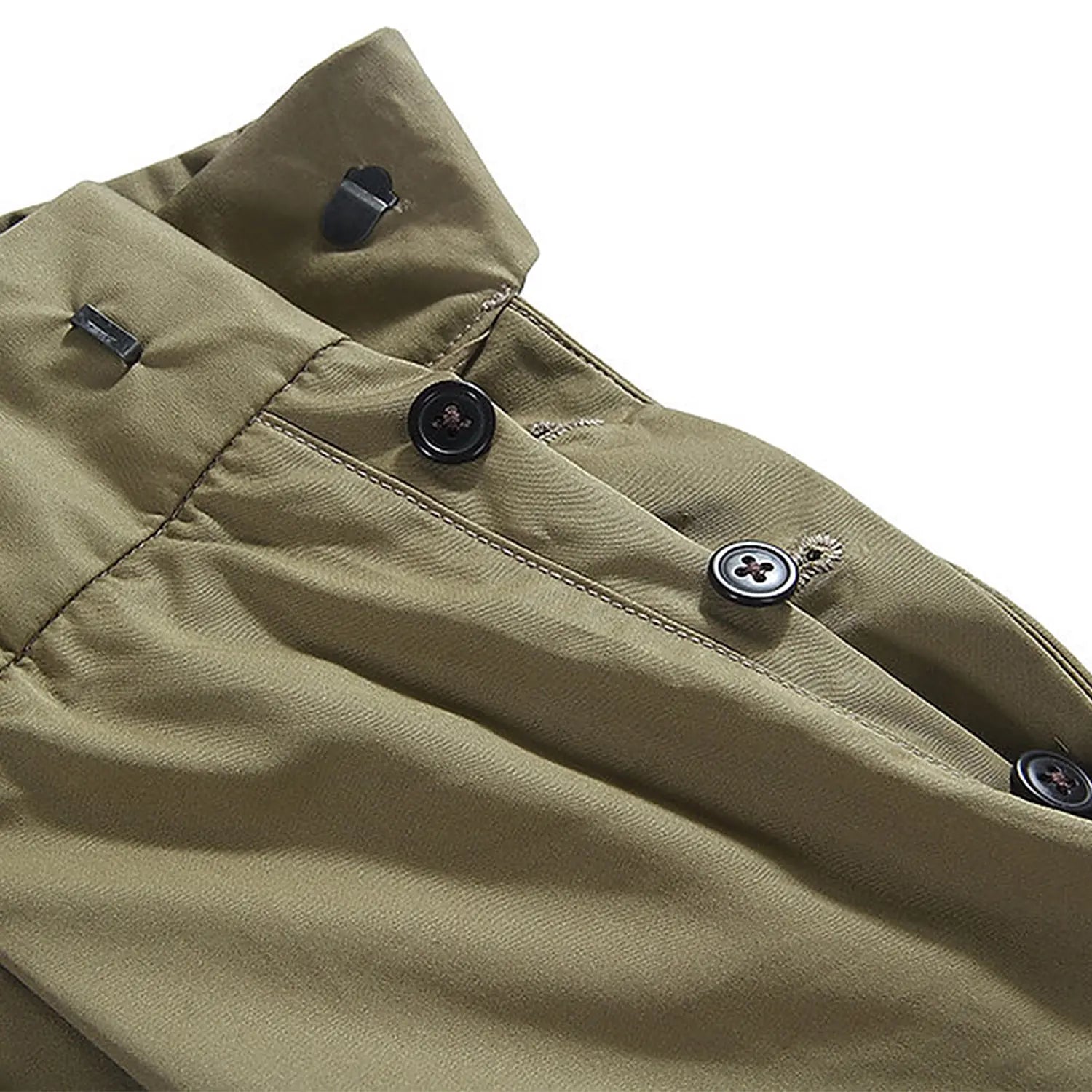 Waist detail of the Standard Types Pleated Chino Shorts Khaki showing waistband construction, belt loops, and fastening detail for Clothier & Sons.
