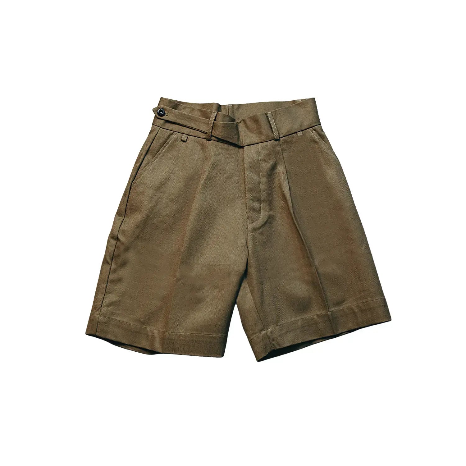Front view of the StandardTypes Pleated Chino Shorts HBT Green showing the pleated front design, relaxed silhouette, and herringbone twill fabric for Clothier & Sons.