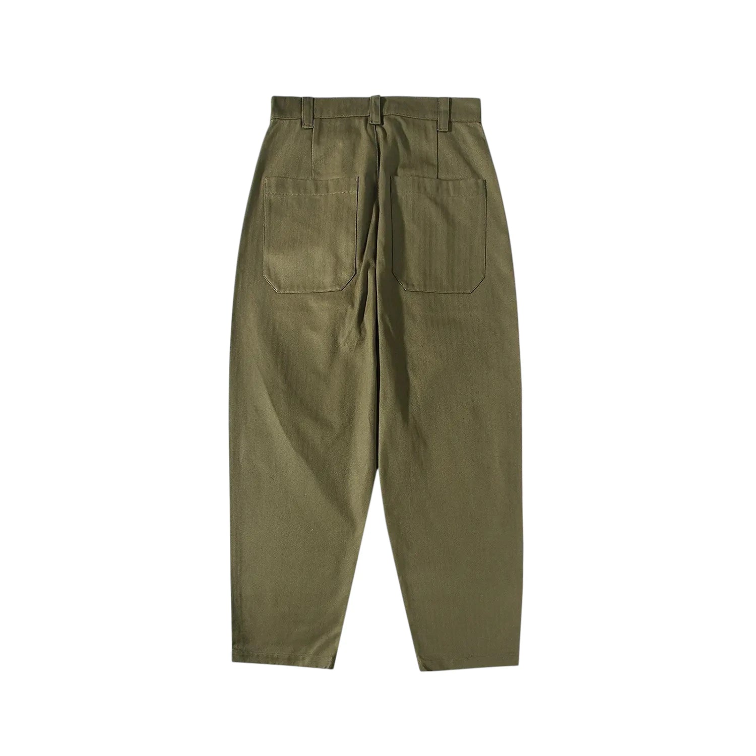 Back view of the StandardTypes ST040 Naval Trousers HBT Green highlighting clean rear construction and structured silhouette for Clothier & Sons.
