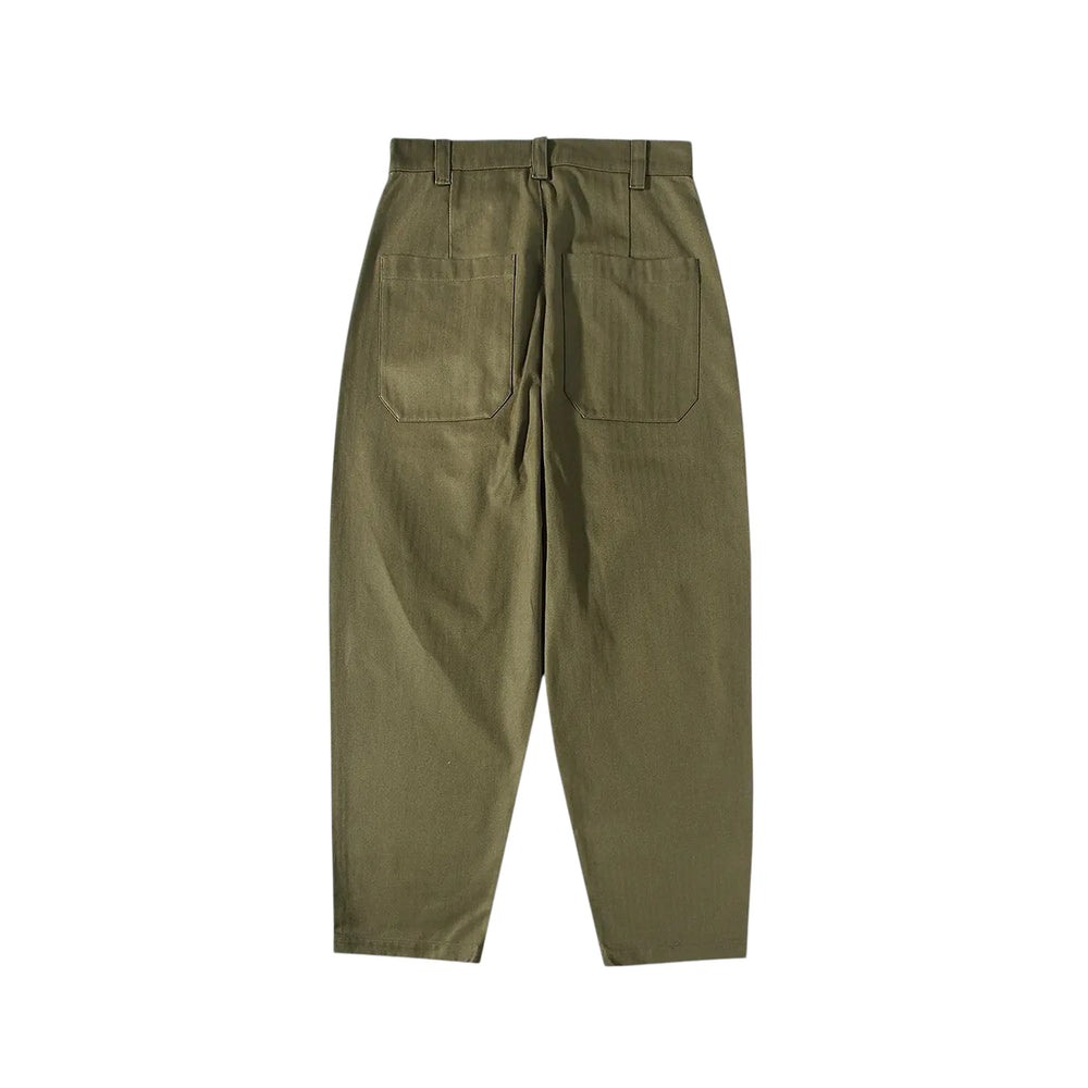 Back view of the StandardTypes ST040 Naval Trousers HBT Green highlighting clean rear construction and structured silhouette for Clothier & Sons.
