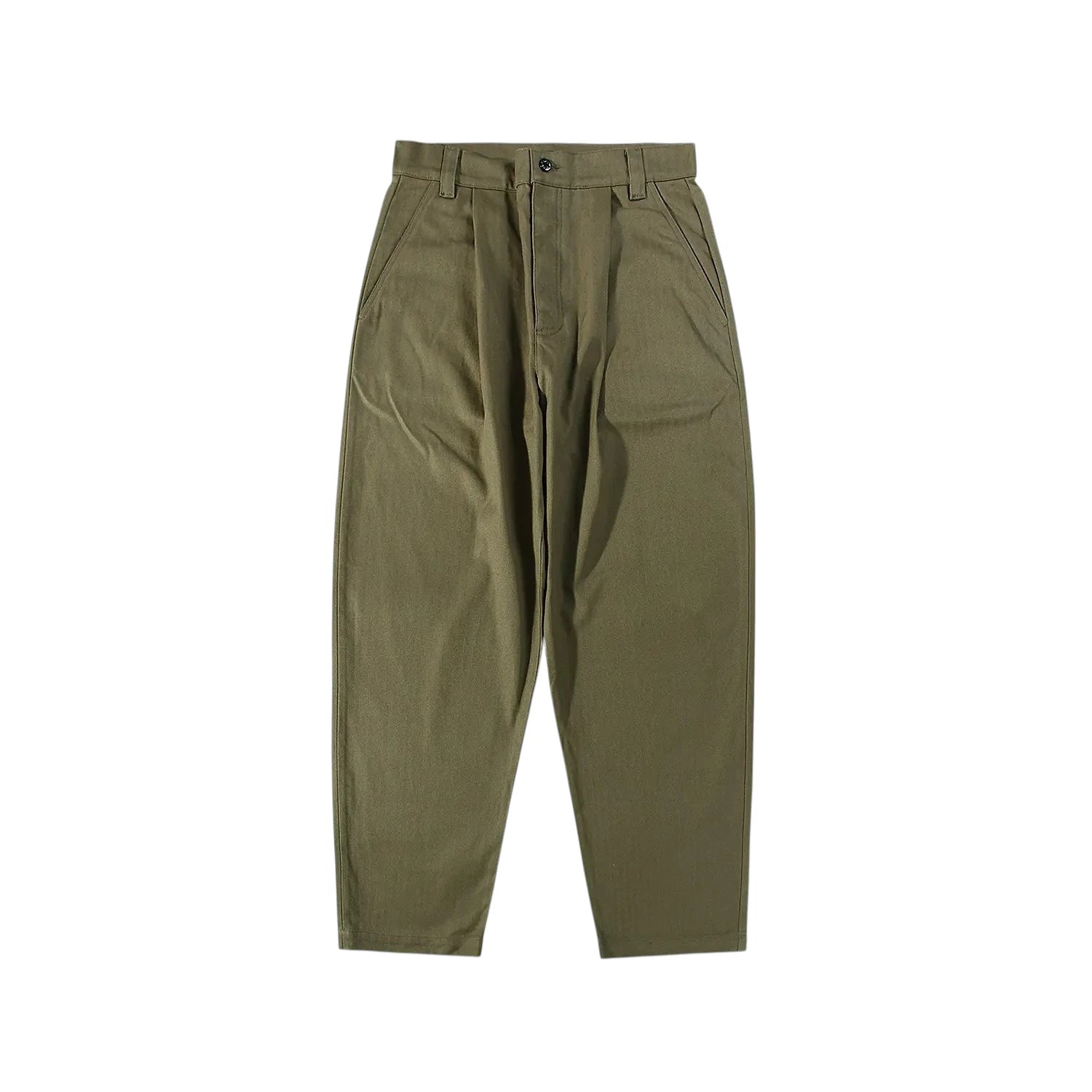 Front view of the StandardTypes ST040 Naval Trousers HBT Green showing the wide leg silhouette, button front design, and military-inspired construction for Clothier & Sons.