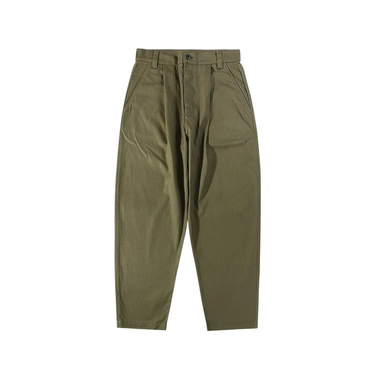 Front view of the StandardTypes ST040 Naval Trousers HBT Green showing the wide leg silhouette, button front design, and military-inspired construction for Clothier & Sons.