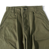 Pocket detail of the StandardTypes ST040 Naval Trousers HBT Green highlighting side pocket construction and reinforced stitching for Clothier & Sons.

