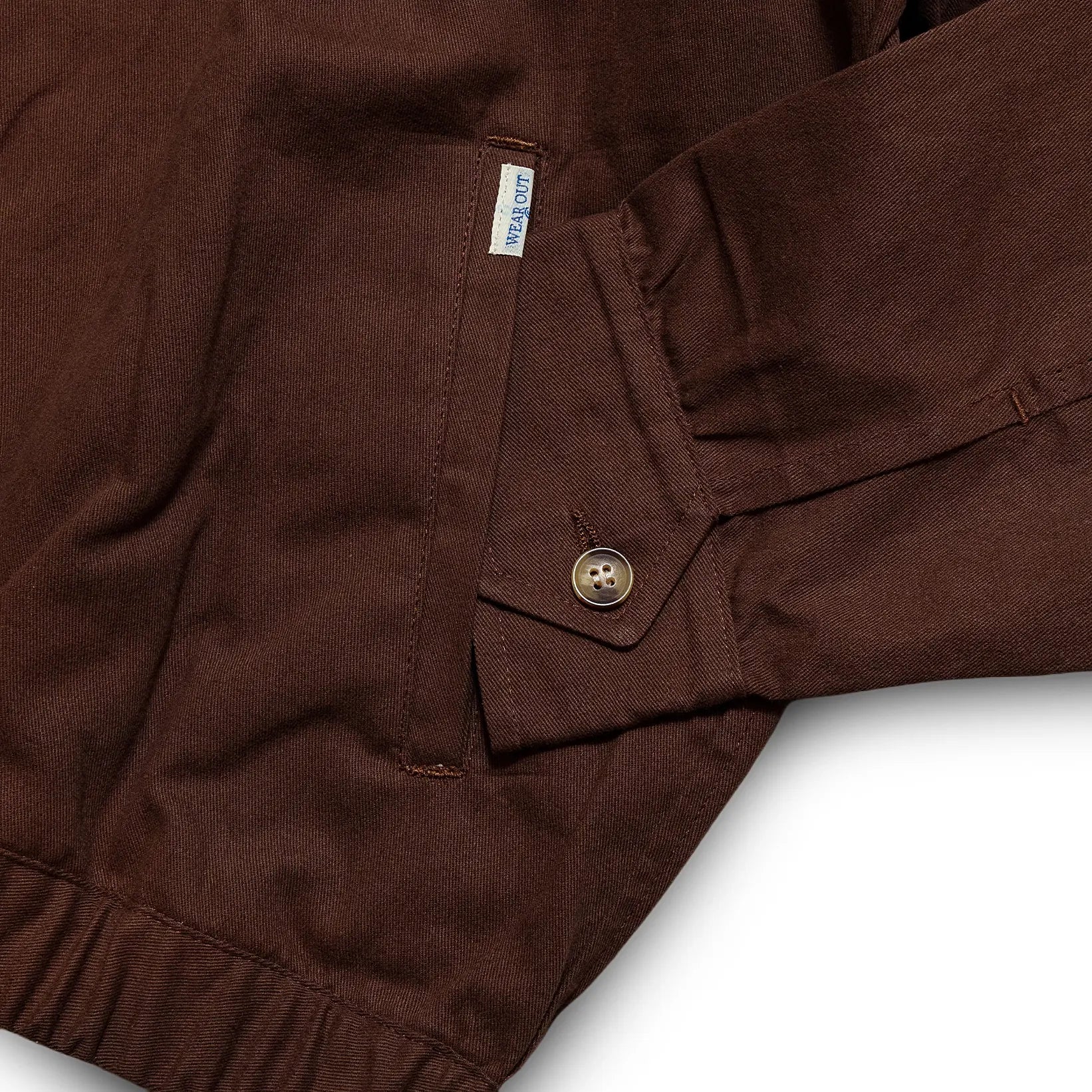 Pocket and stitching detail of the Sugar & Co. SGR-JK26 Baby’s Chino Jacket Brown highlighting pocket construction, reinforcement stitching, and craftsmanship for Clothier & Sons.