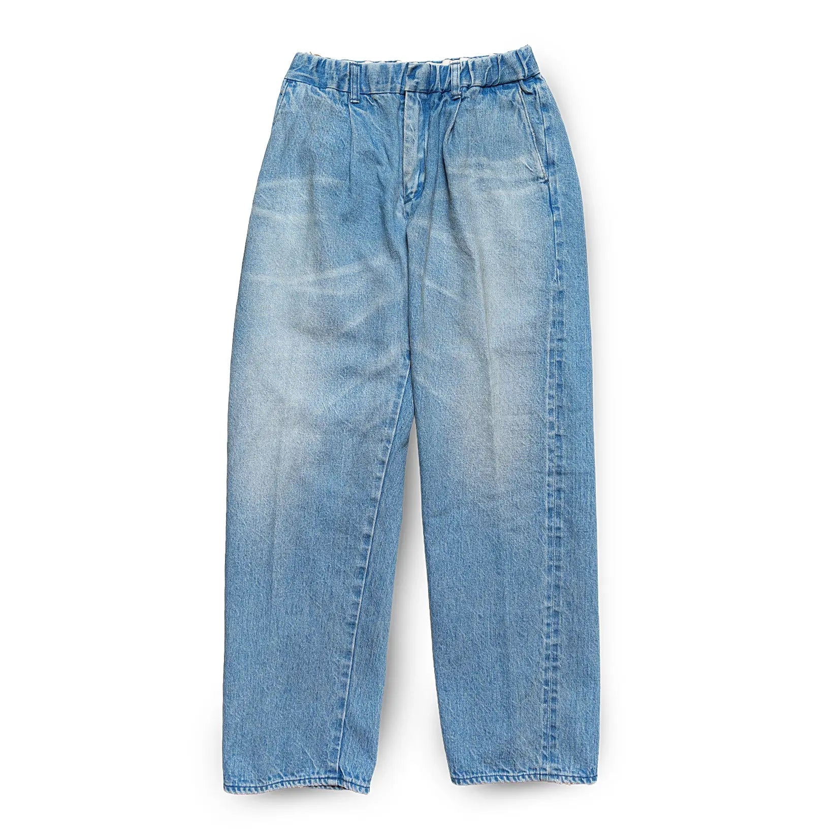 Front view of the Sugar & Co. SGR-S01U Gentle Pants 70s Wash Indigo showing a relaxed silhouette, softly faded indigo tone, and vintage-inspired wash for Clothier & Sons.