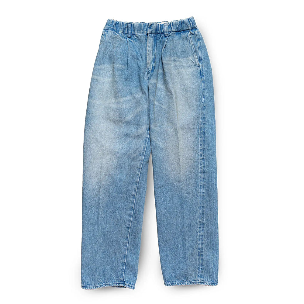 Front view of the Sugar & Co. SGR-S01U Gentle Pants 70s Wash Indigo showing a relaxed silhouette, softly faded indigo tone, and vintage-inspired wash for Clothier & Sons.