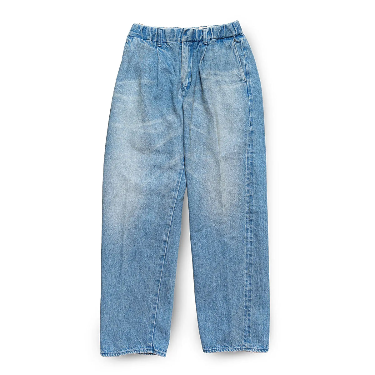 Front view of the Sugar & Co. SGR-S01U Gentle Pants 70s Wash Indigo showing a relaxed silhouette, softly faded indigo tone, and vintage-inspired wash for Clothier & Sons.