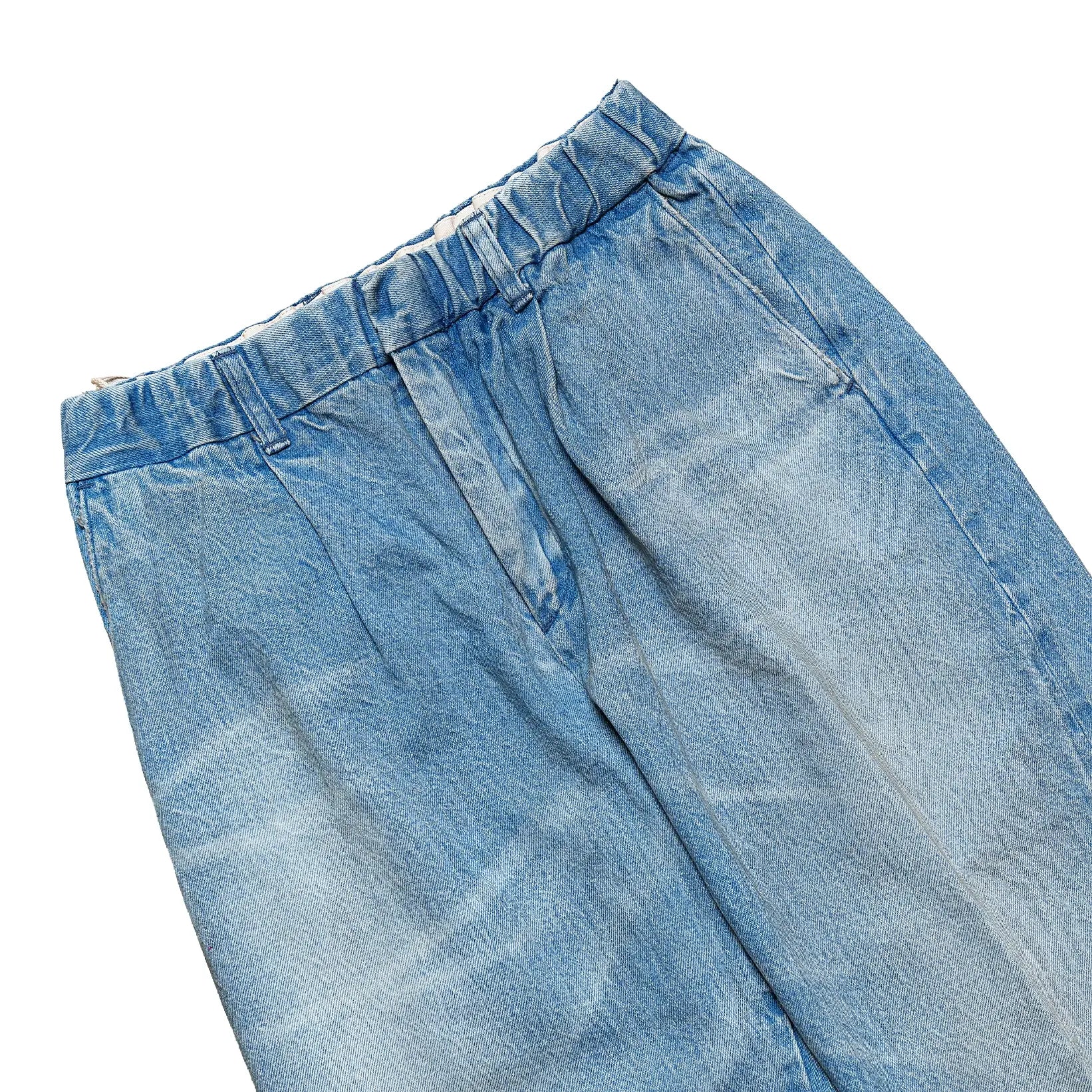 Fabric detail of the Sugar & Co. SGR-S01U Gentle Pants 70s Wash Indigo revealing washed indigo texture, softened surface, and vintage denim character for Clothier & Sons.