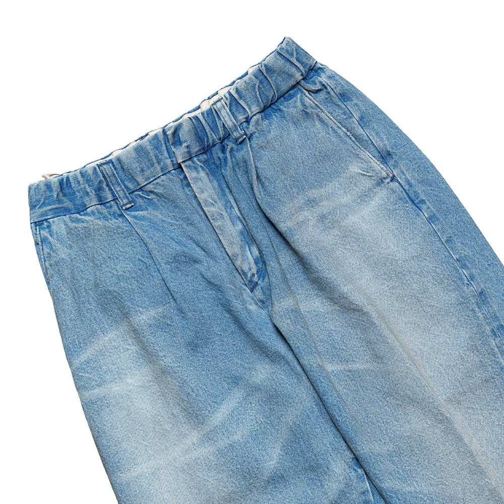 Fabric detail of the Sugar & Co. SGR-S01U Gentle Pants 70s Wash Indigo revealing washed indigo texture, softened surface, and vintage denim character for Clothier & Sons.