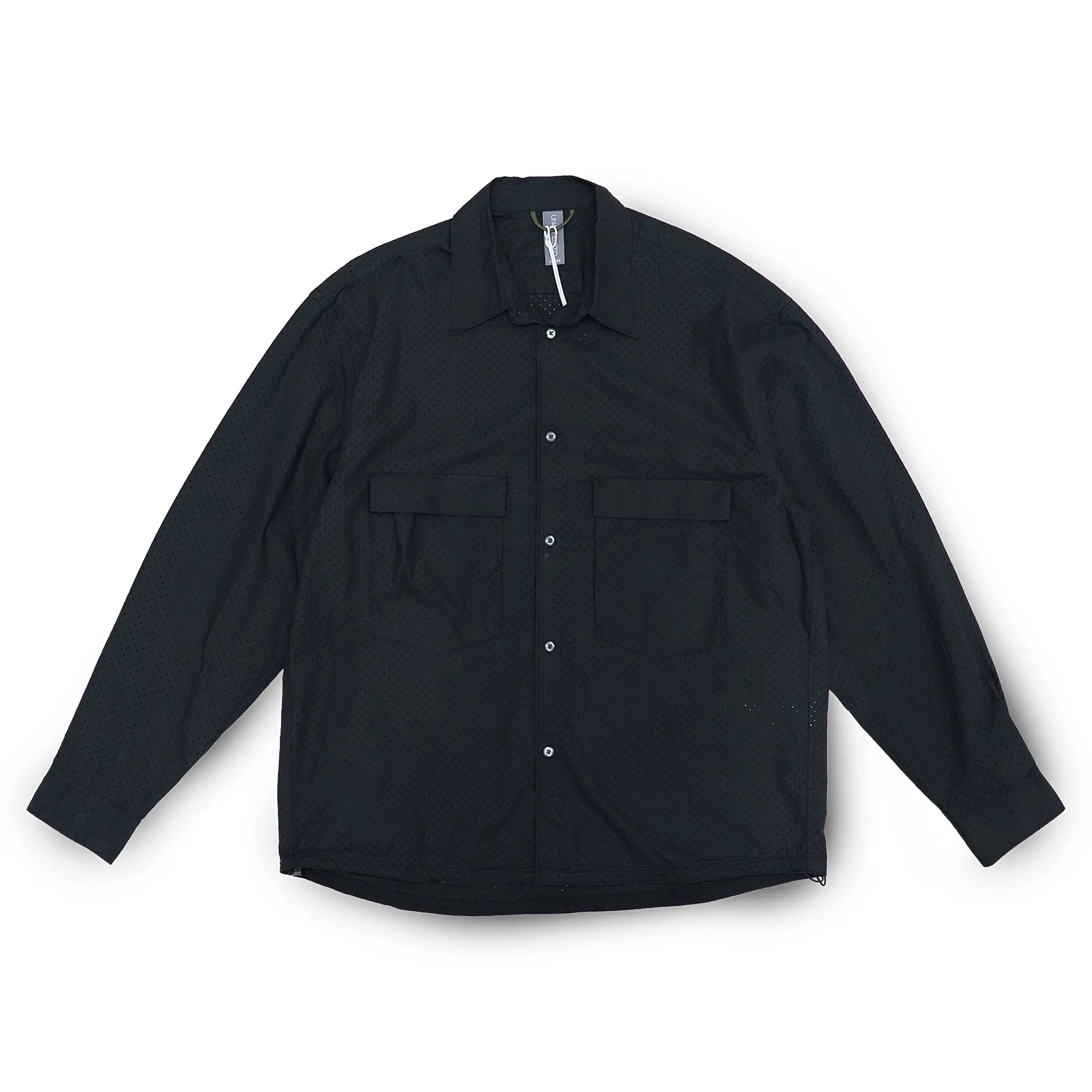Front view of the Unaffected Drawstring Shirt Black showing the relaxed shirt silhouette, clean black tone, and adjustable drawstring hem for Clothier & Sons.
