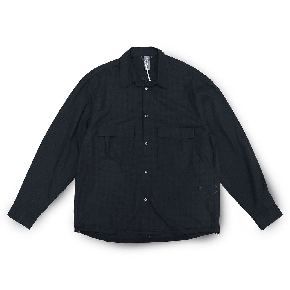 Front view of the Unaffected Drawstring Shirt Black showing the relaxed shirt silhouette, clean black tone, and adjustable drawstring hem for Clothier & Sons.
