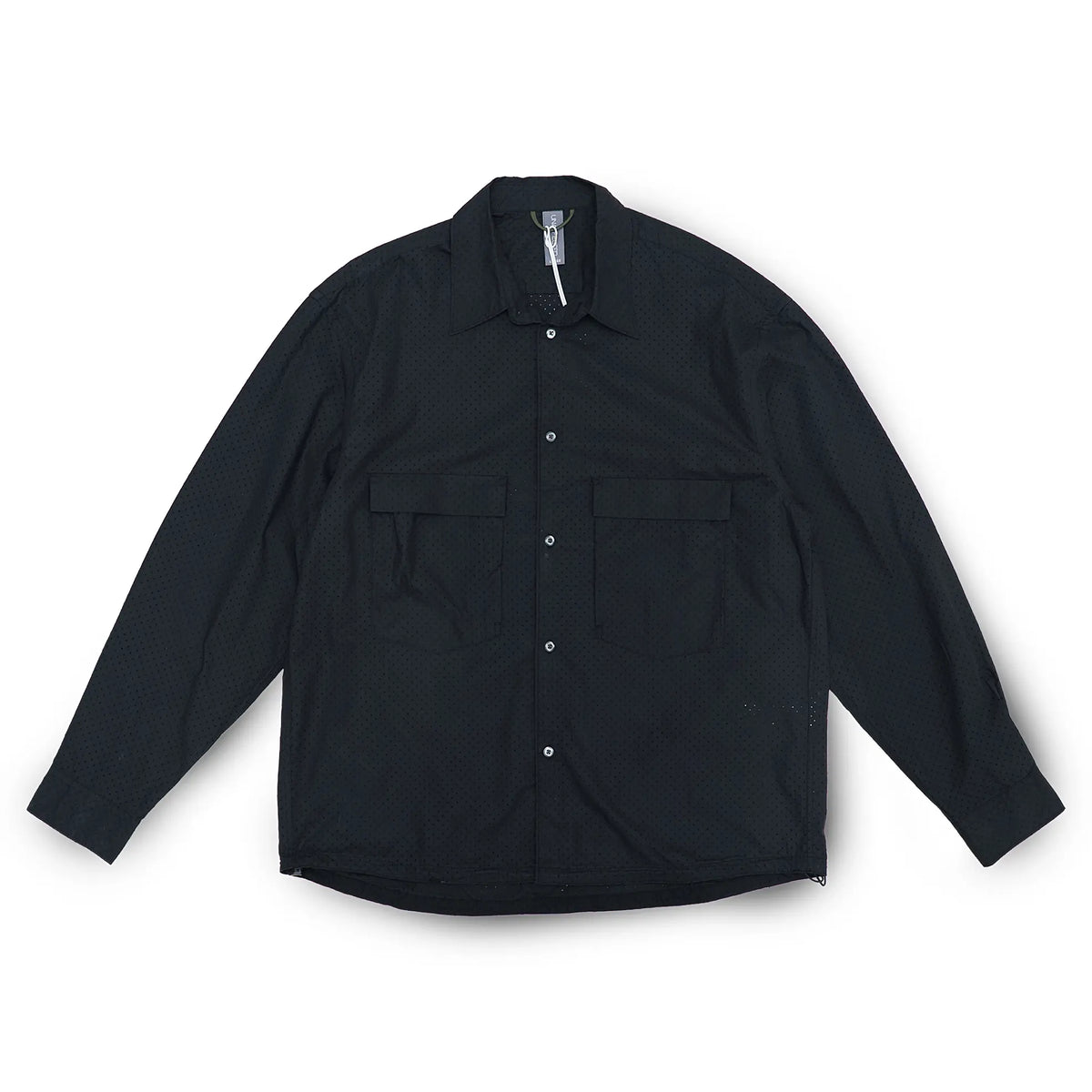 Front view of the Unaffected Drawstring Shirt Black showing the relaxed shirt silhouette, clean black tone, and adjustable drawstring hem for Clothier & Sons.
