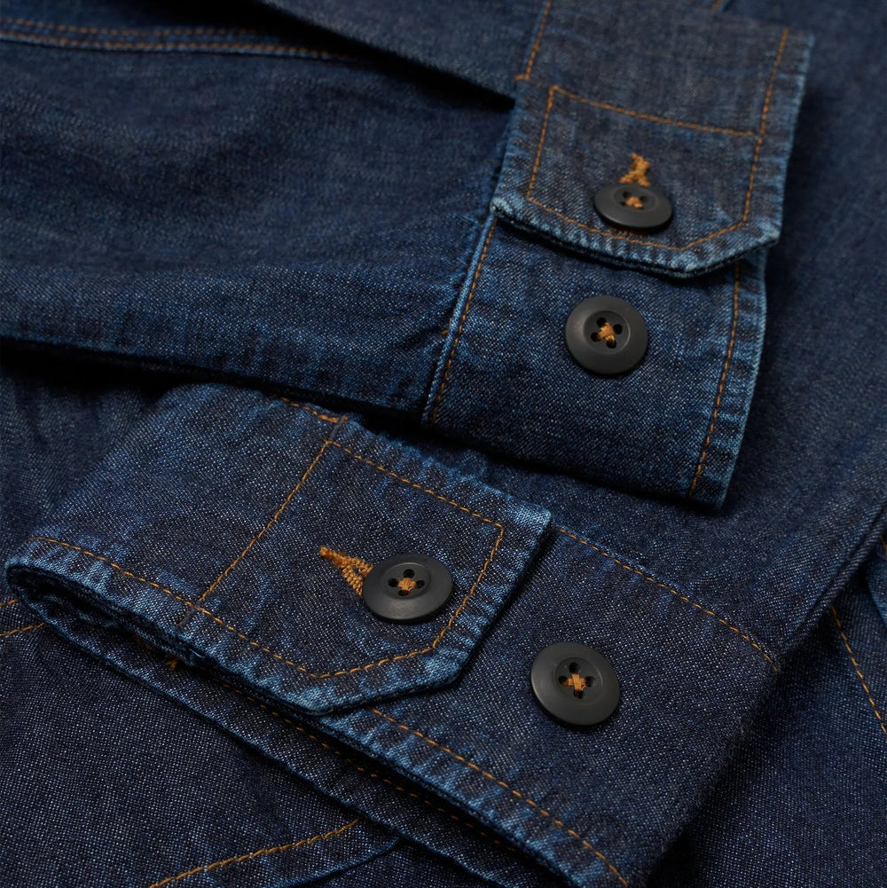 Universal Works Kaihara LT WT Denim Jungle Jacket Indigo Button Detail