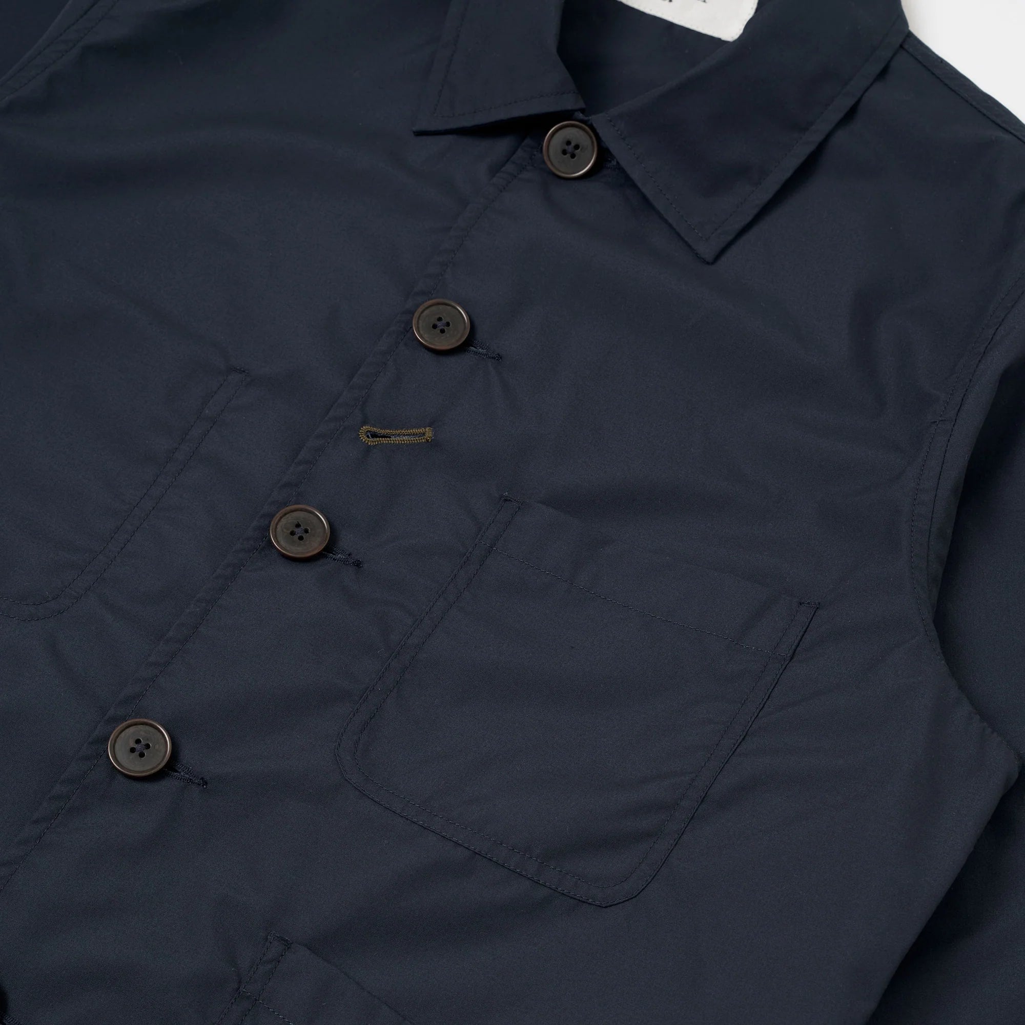 Universal Works Recycled Polytech Bakers Jacket Navy Collar Detail