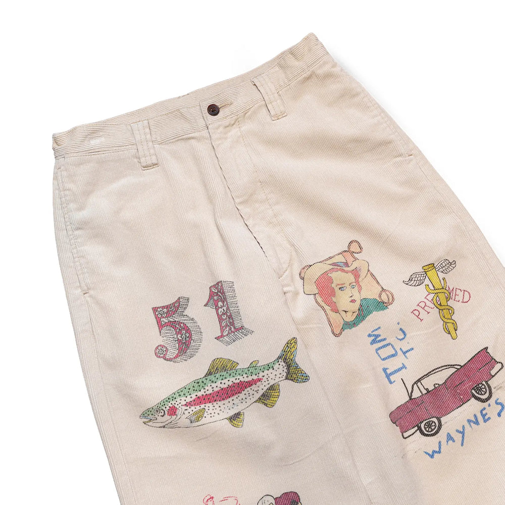 Waistband detail of the Westoverall AYD×WO Memorial Pants Off White showing button closure, belt loops, and stitching details for Clothier & Sons.