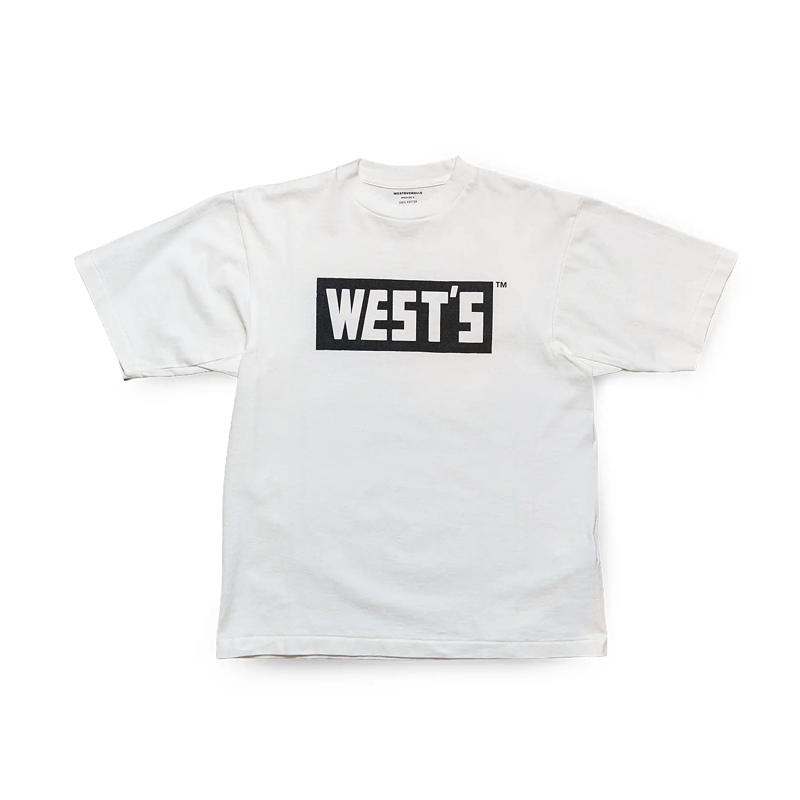 Front view of the Westoverall Box Logo Print T-shirt White showing the box logo graphic, clean white color, and relaxed fit for Clothier & Sons.