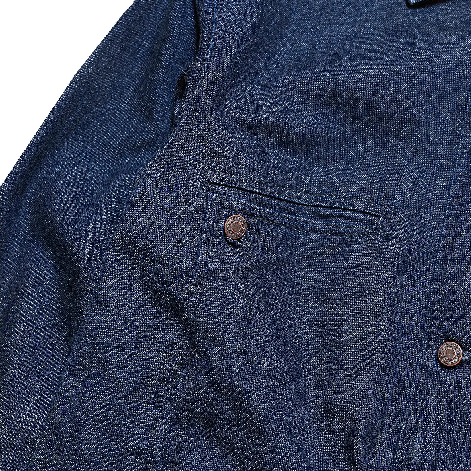 Pocket and stitching detail of the Westoverall Woch Jacket 906g Indigo highlighting pocket construction, reinforcement stitching, and craftsmanship for Clothier & Sons.