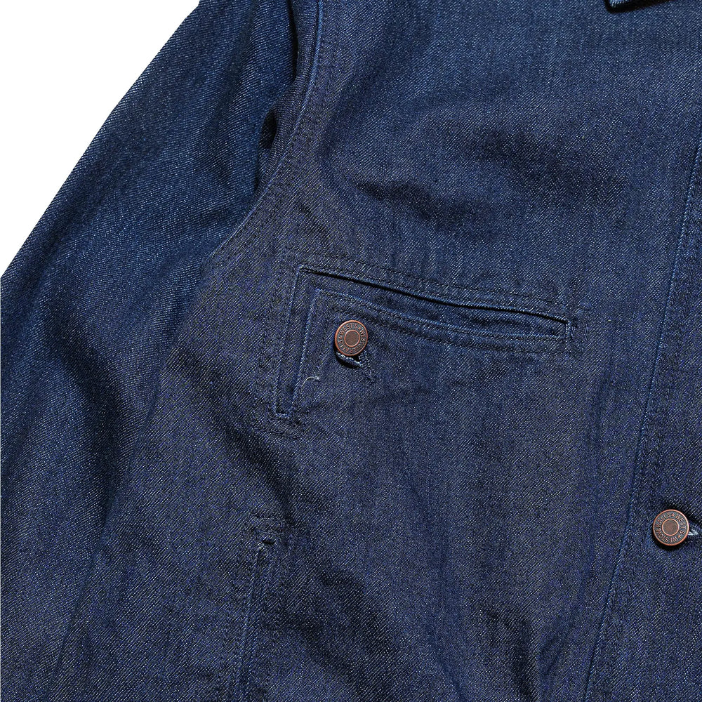 Pocket and stitching detail of the Westoverall Woch Jacket 906g Indigo highlighting pocket construction, reinforcement stitching, and craftsmanship for Clothier & Sons.