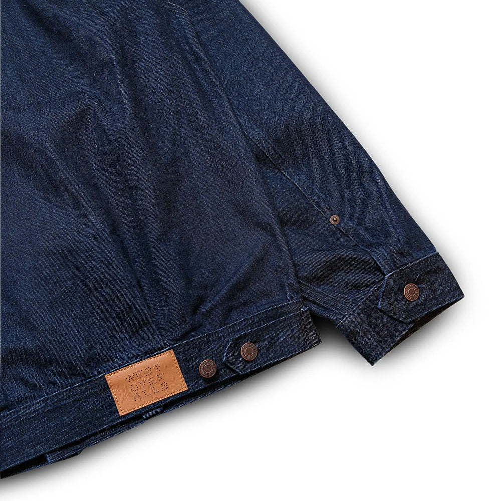 Side profile of the Westoverall Woch Jacket 906g Indigo showing sleeve shape, jacket length, and overall profile for Clothier & Sons.